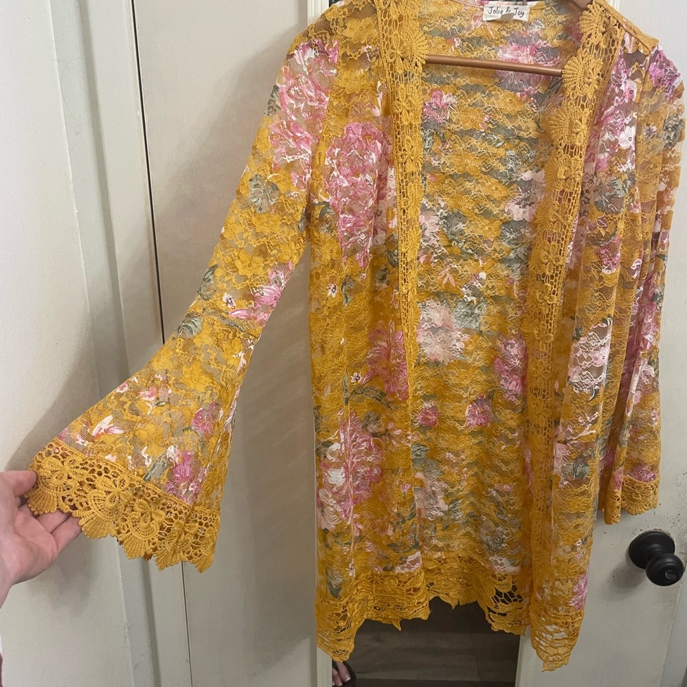 Floral Lace Swim Coverup Crochet Bell Sleeves.